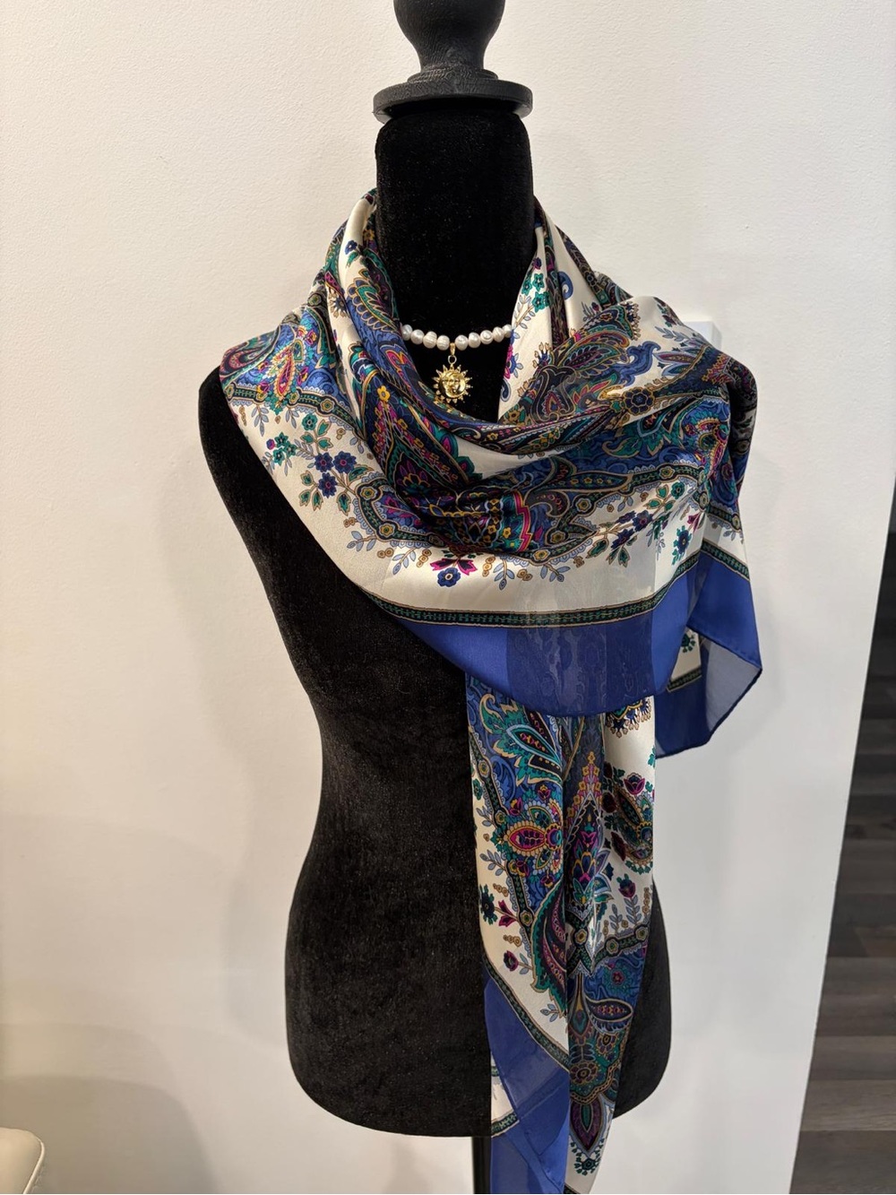 YSL Silk Scarf Blue White Paisley Logo 41 Inch Hand Rolled - Picture 5 of 11